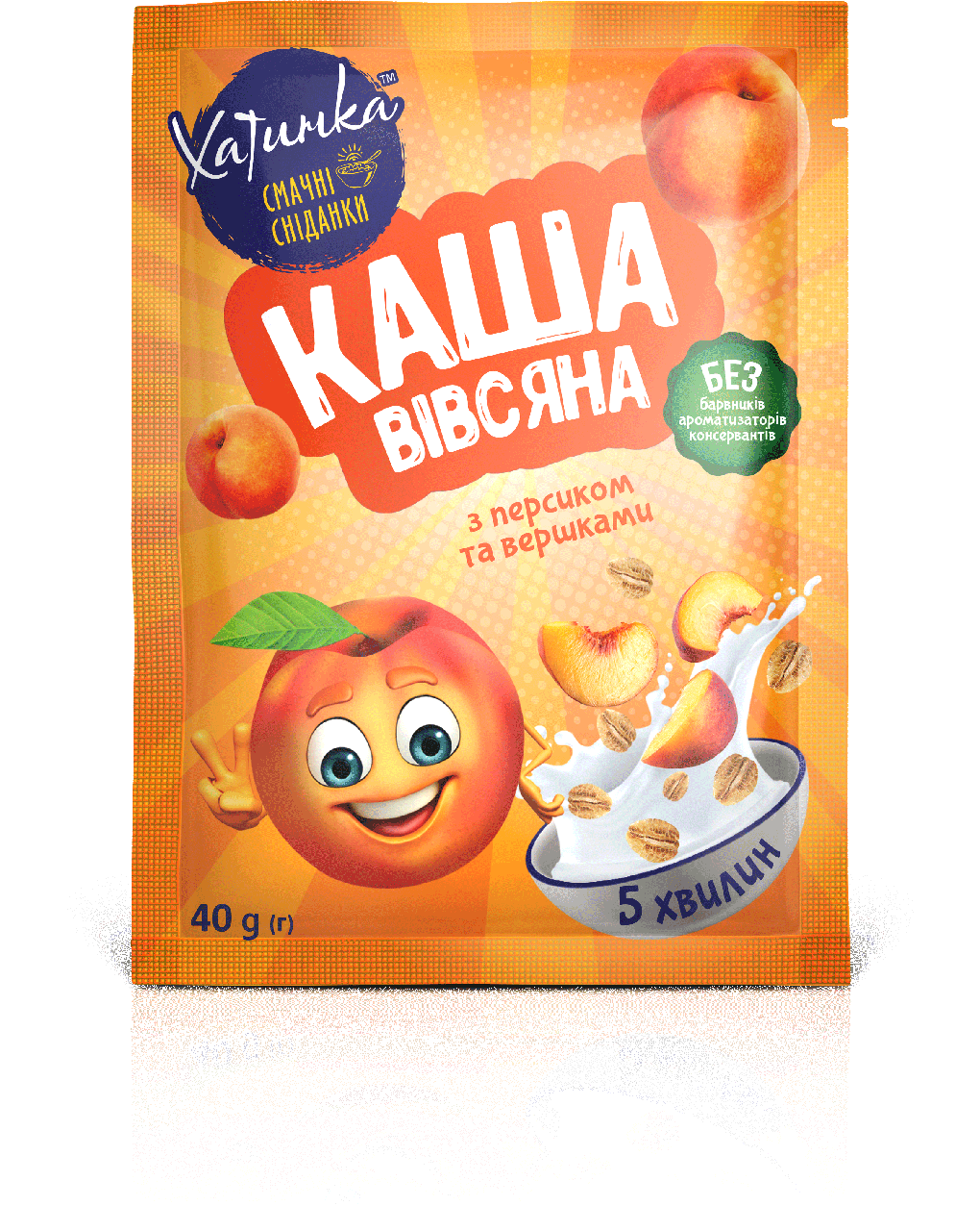 

Каша овсяная моментального приготовления "Персик со сливками", ТМ Хатинка, 40гр