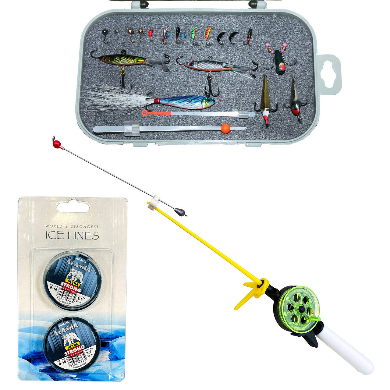 

Рыболовный набор для зимней рыбалки удочка с коромыслом + набор с Вольфрамовыми мормышками №4, Белый