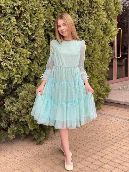 

Нарядное платье для девочки с длинным рукавом, Блеск, Бирюзовый