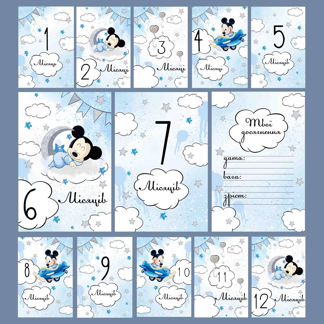 

Набор карточек 12шт для фото новорожденных от 0 до 12 месяцев "Микки" Укр