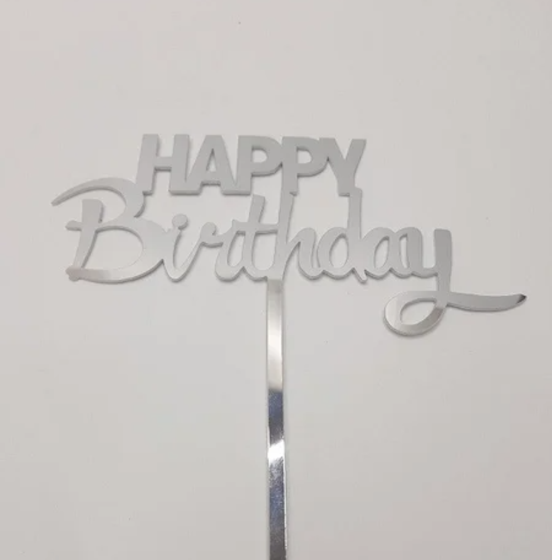 

Топпер зеркальный пластик серебро Happy Birthday