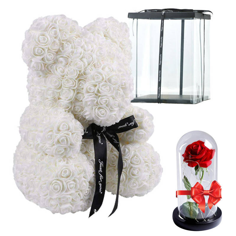 

Мишка из роз Teddy Flower 25 см Белый + ПОДАРОК Роза в колбе! / Мишка Тедди из 3D роз