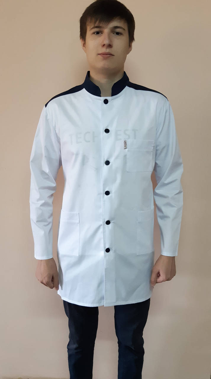 

Мужской медицинский халат Стойка рубашечная ткань 44, Синяя отделка, Белый