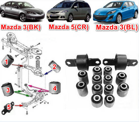 

Сайлентблоки Mazda 3 (BK)(BL); 5 (CR) 2005-; Ford Focus; Volvo (S40)(V50); к-кт 14шт ЗАДНЯЯ подвеска 02-07г