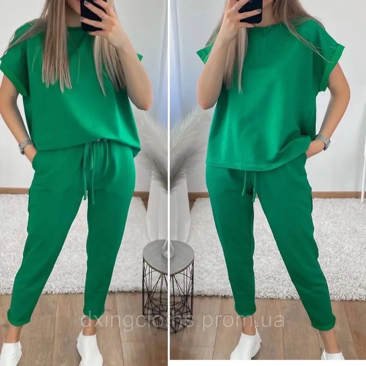 

Женский летний костюм двойка, женский костюм футболка и брюки зеленый