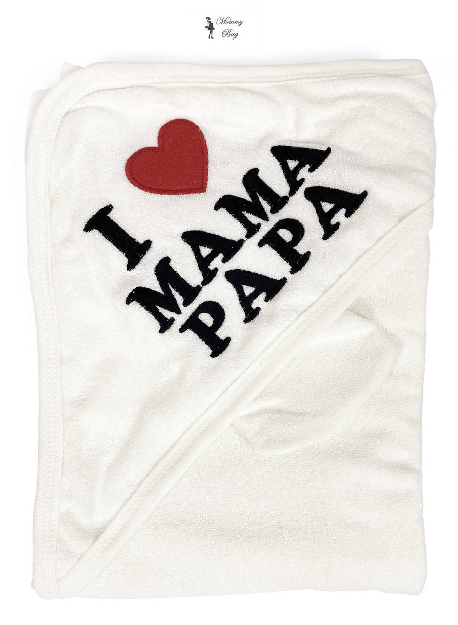 

Полотенце махровое с капюшоном 90*85 см I Love Mama & Papa Белое + рукавичка, Белый