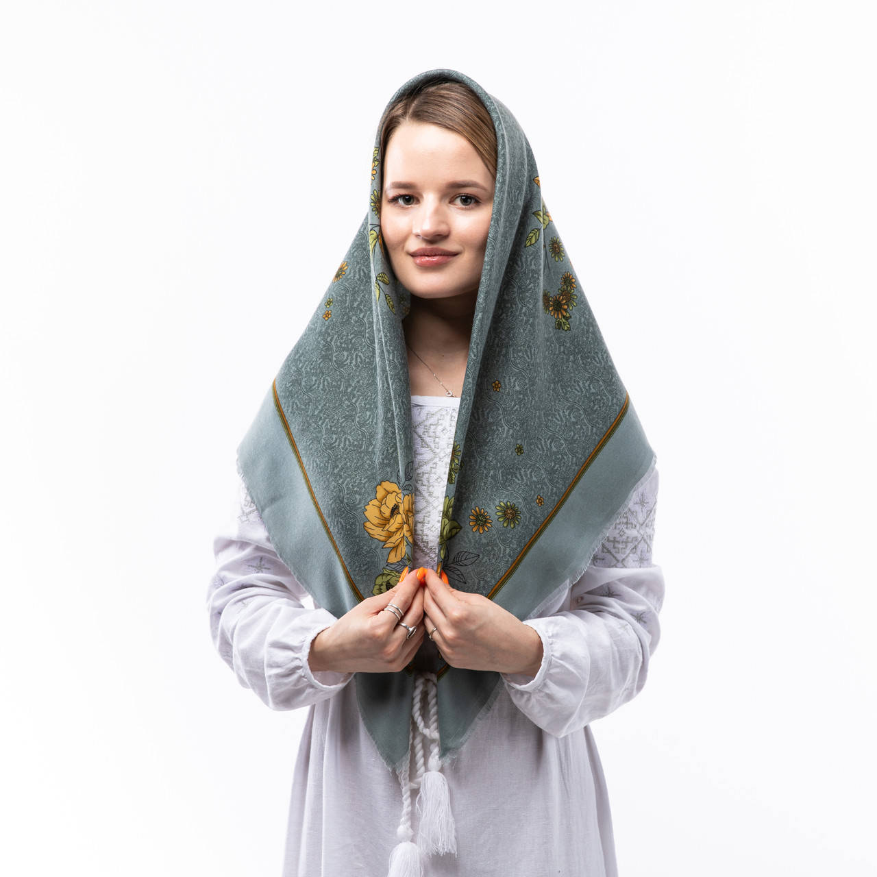 

Хустка з квітковим принтом 100х100см зелена, Зелёный