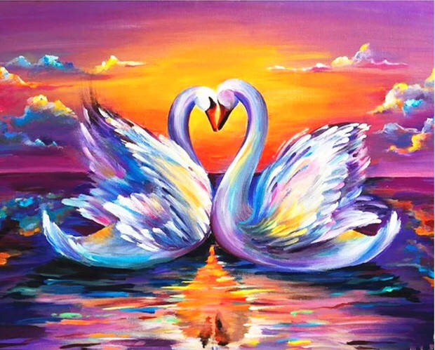 

50*40см Лебеди на закате, 2в1 рисование и алмазная живопись