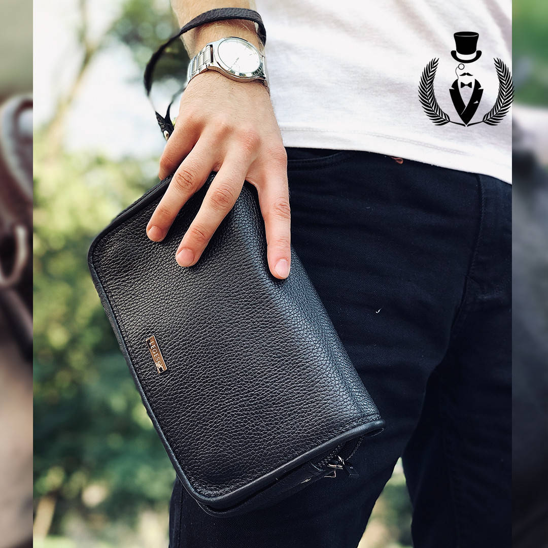 

Мужской кожаный кошелек клатч на молнии, Черный