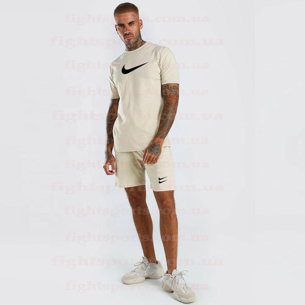 

Мужской летний спортивный костюм Найк NIKE Мужская бежевая футболка и шорты M, Бежевый