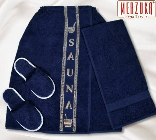 

Мужской набор в сауну. Банное полотенце на липучке + полотенце + тапочки, Синий