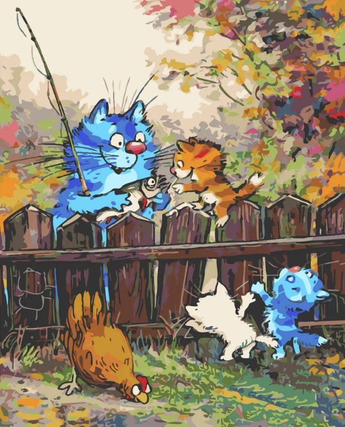 

Картины по номерам без коробки -Синие коты "Кошачий двор" 50*40 см SY6351