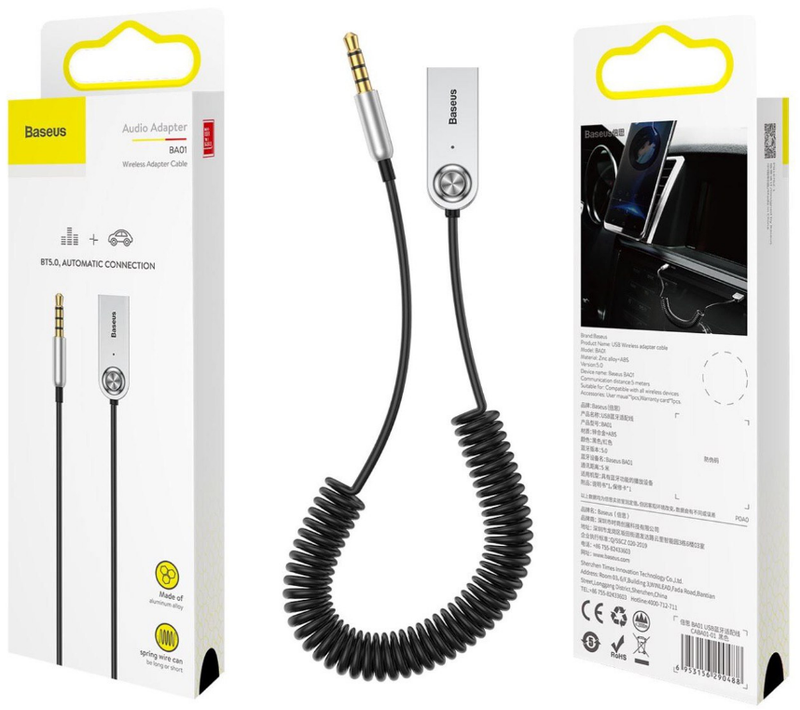 

Bluetooth-адаптер Baseus CABA01-01, з мікрофоном, кручений кабель, Bluetooth 5.0 Black