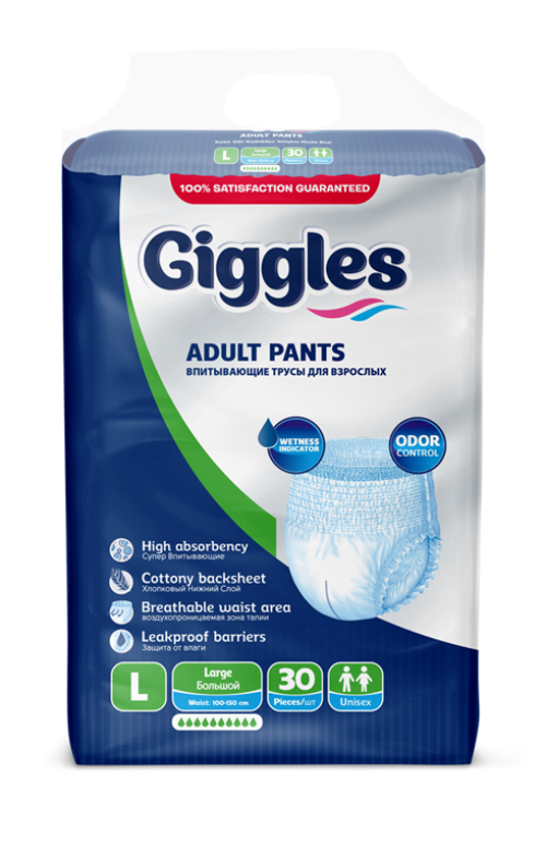 

Подгузники трусики для взрослых Giggles Large 100-150 см 30 шт 10 капель