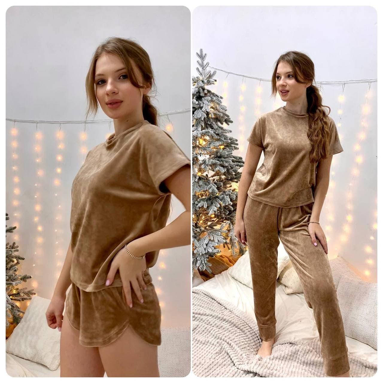 

Пижама женская 3 в 1 велюр футолка шорты штаны L XL Бежевый