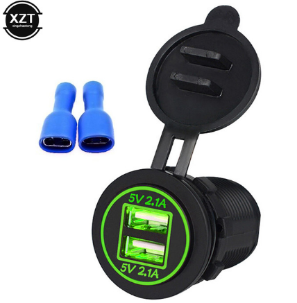 

Автомобильное зарядное гнездо врезная розетка круглая 2 USB (12-24В) 5В/4.2A зеленая подсветка
