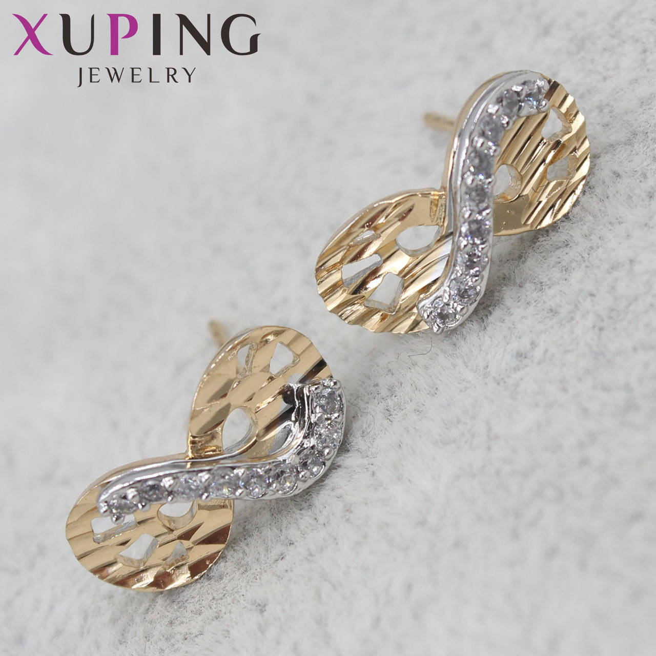 

Серьги женские золотистого цвета Xuping Jewelry гвоздики,пусеты восьмёрочка со стразами 24K