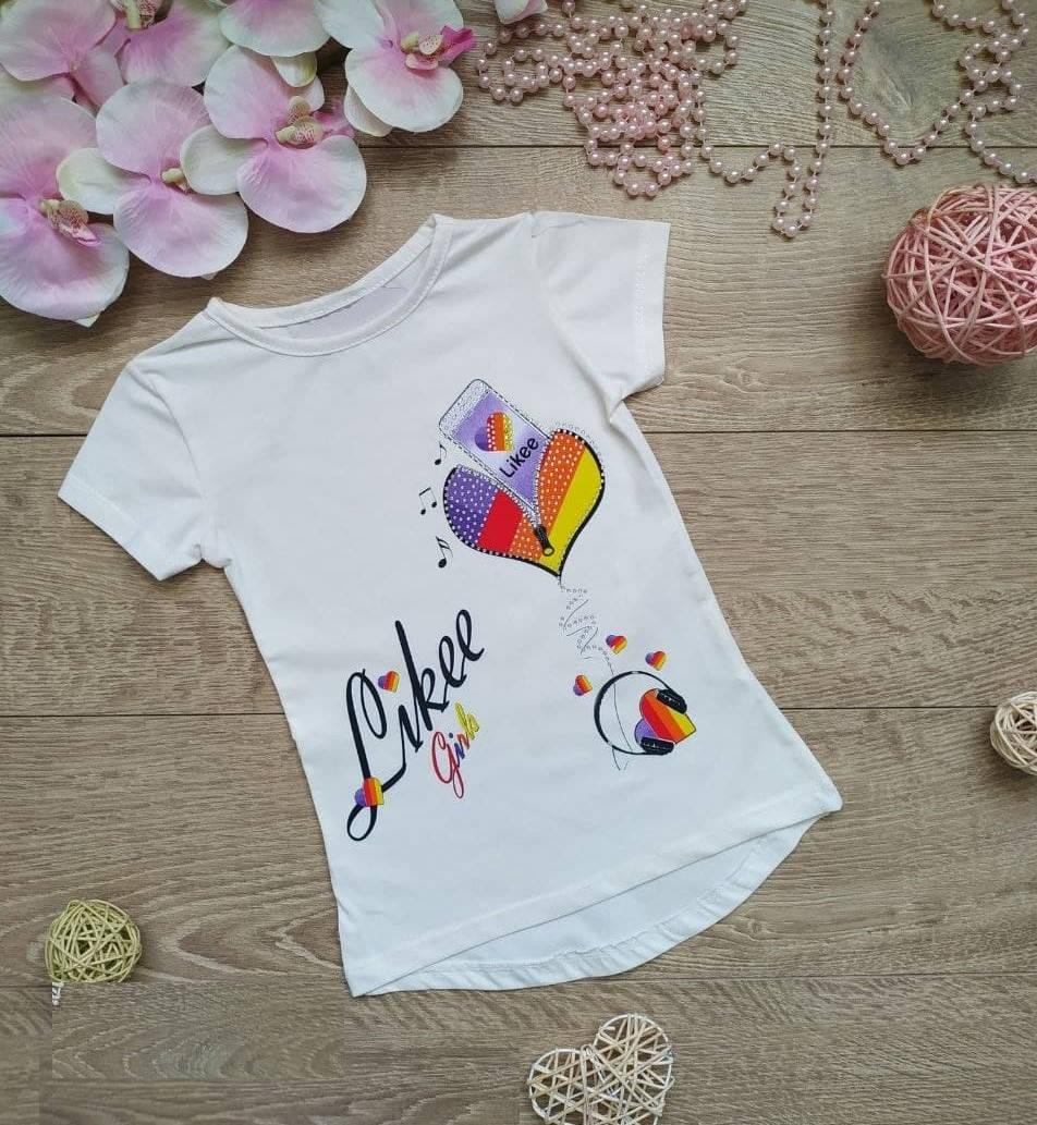 

Белая стильная летняя футболка LIKEE для девочки на 5-8 лет 122, Белый