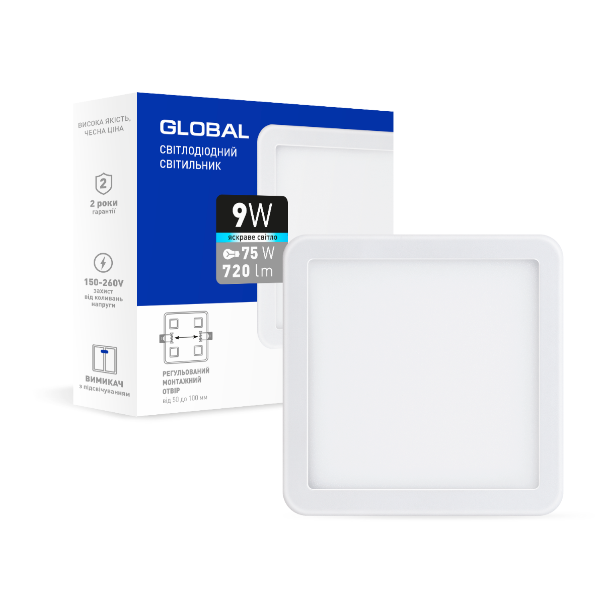 

Потолочный LED светильник GLOBAL SP 9W 4100K квадратный 720Lm, Белый