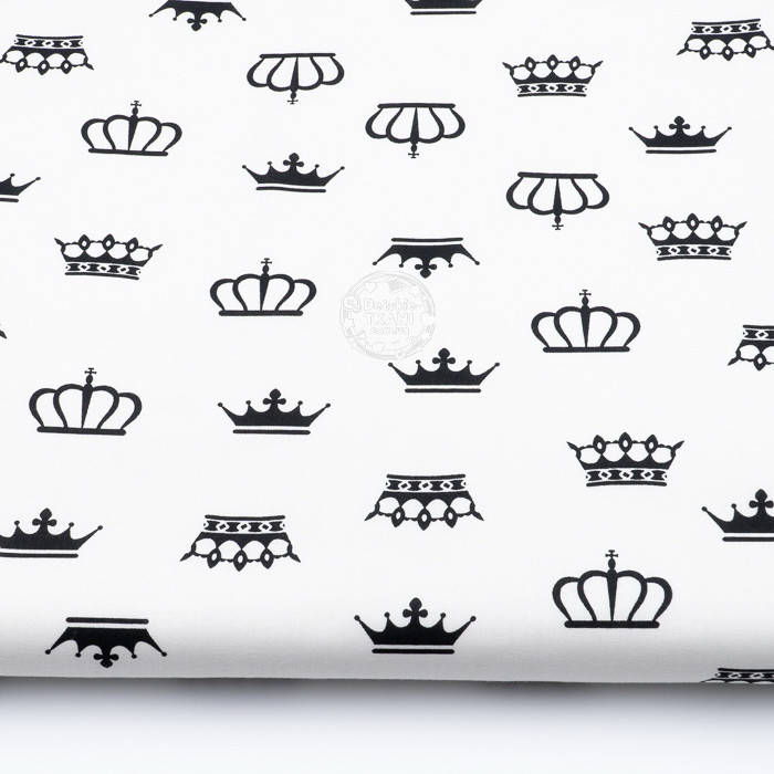 

Ткань хлопковая с чёрными коронами на белом фоне (№1286а)