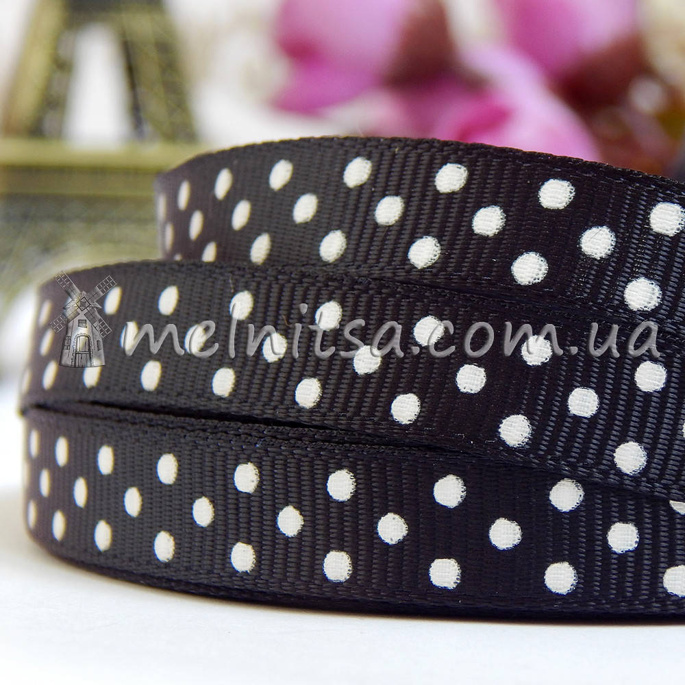 

Лента репсовая черная в горошек, 9 мм, Черный