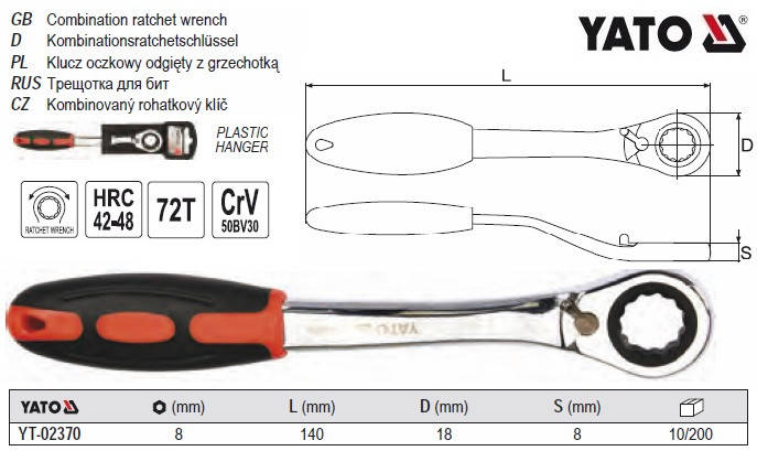 

Ключ накидной выгнутый трещотка М8 Cr-V YATO Польща YT-02370