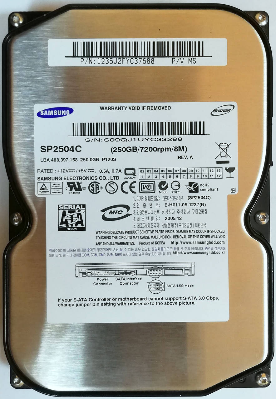 

Жесткий диск для компьютера Samsung SpinPoint 250GB 3.5" 8MB 7200rpm 3Gb/s (SP2504C) SATAII Б/У