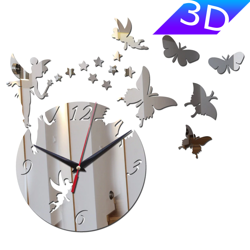 

Настенные 3D часы с зеркальным эффектом "Butterfly" - 3Д часы c феей и бабочками, необычные часы стикеры 40х40, Серебро