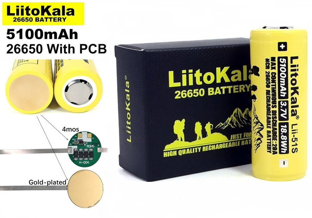 

Аккумулятор 26650 с платой защиты LIITOKALA Lii-51S+PCB 5100mAh 20A Li-Ion без эффекта памяти, PROTECTED