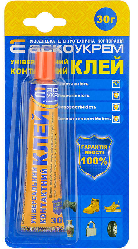 

Контактний клей (блістер) 1шт - 30г, Аско [A.HU-1-30] Универсальный Контактный Неопреновый клей (блистер) 1шт