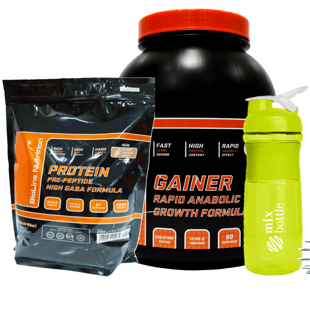 

МАСС-КОМПЛЕКТ: 2 кг PRE-PEPTIDE PROTEIN + 3 кг RAPID ANABOLIC GAINER + MIX-BOTTLE