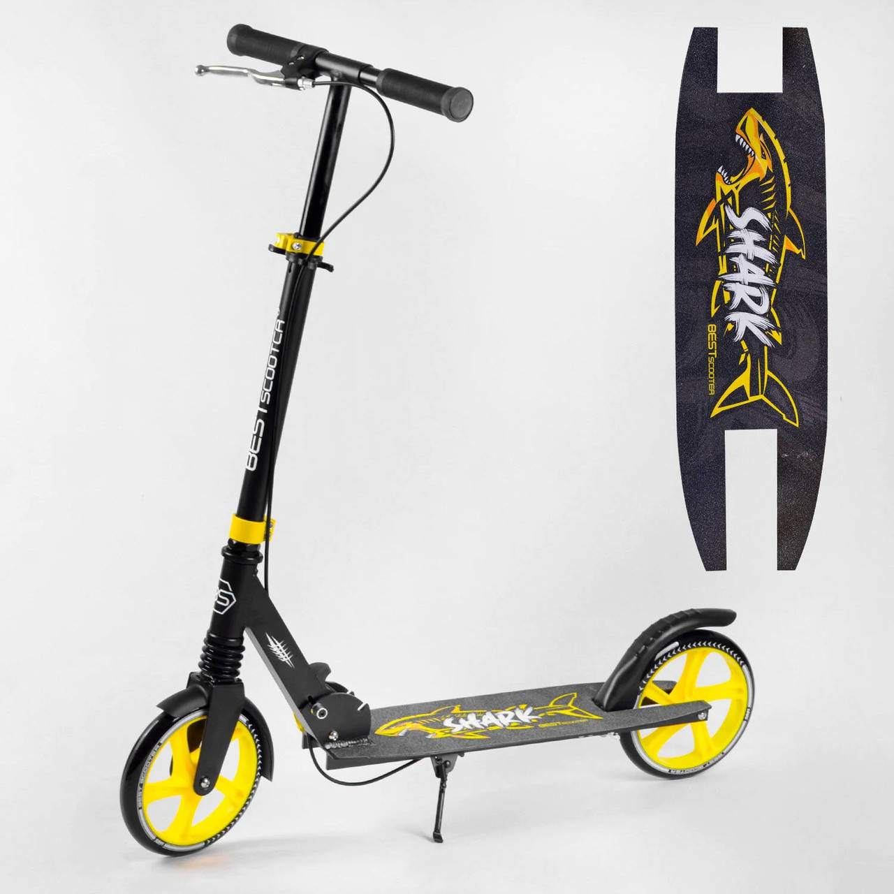 

Самокат двухколесный Best Scooter Shark с ручным тормозом колеса PU 200 мм 1 амортизатор Черно/жёлтый