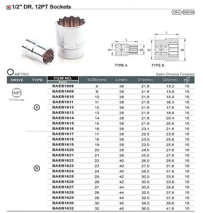 

Головка торцевая 12-гранная 1/2" 27мм TOPTUL BAEB1627