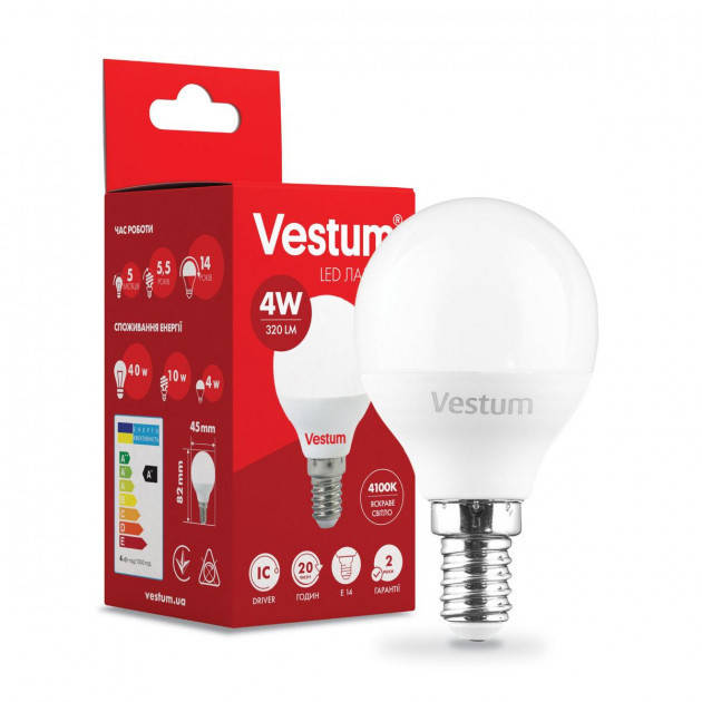 

Лампочка светодиодная LED Е14 4 Вт 4100K 320Lm 220 вольт G45 Vestum