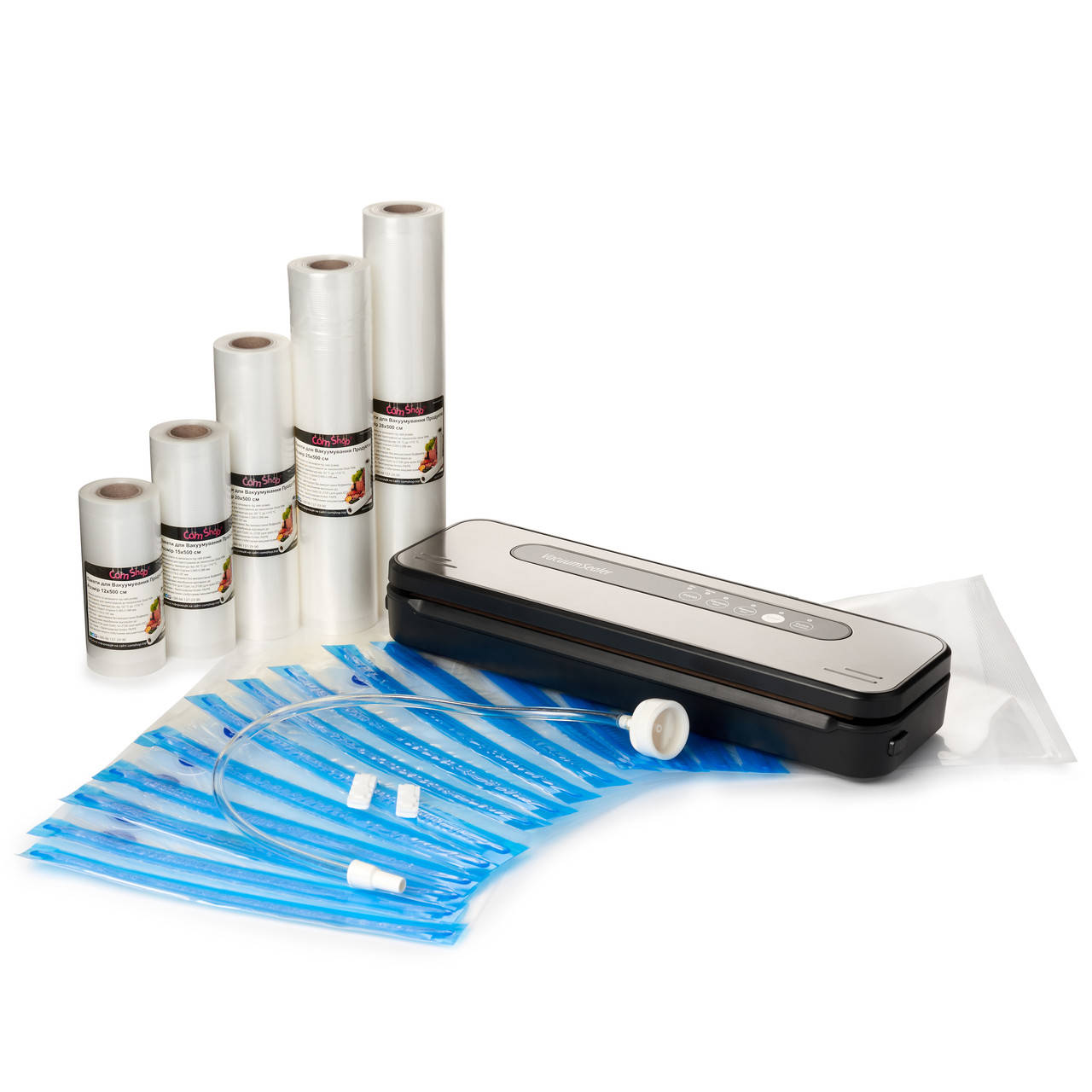 

ВАКУУМАТОР (Сухой и Влажный Режимы) Комплект 5 Рулонов в 5 Размерах + 15 Вакуумных Зип Пакетов