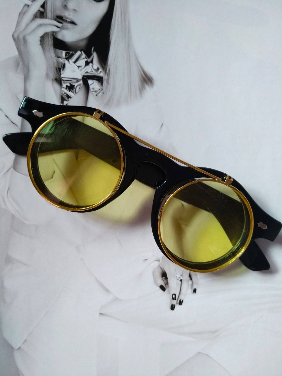

2в1 очки солнцезащитные+имиджевые круглые панк Двойной флип Жёлтый, Желтый