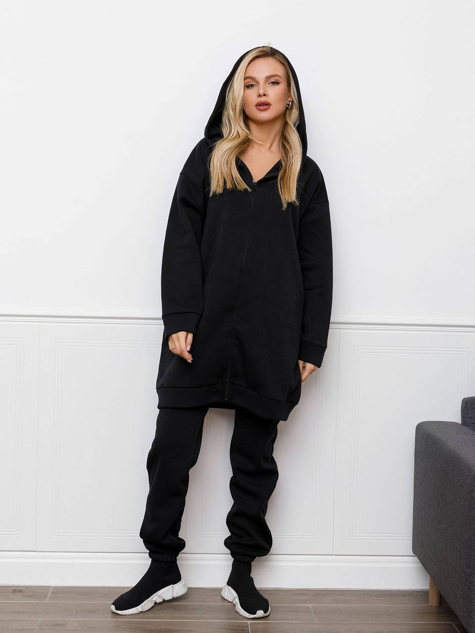 

Черный теплый костюм с длинной толстовкой S, M, L, XL, женский