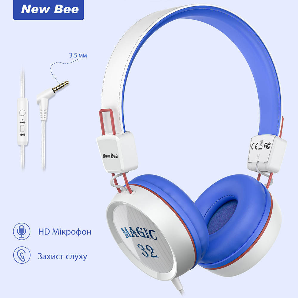 

Детские накладные наушники с микрофоном проводная гарнитура New Bee KH20 White, Белый
