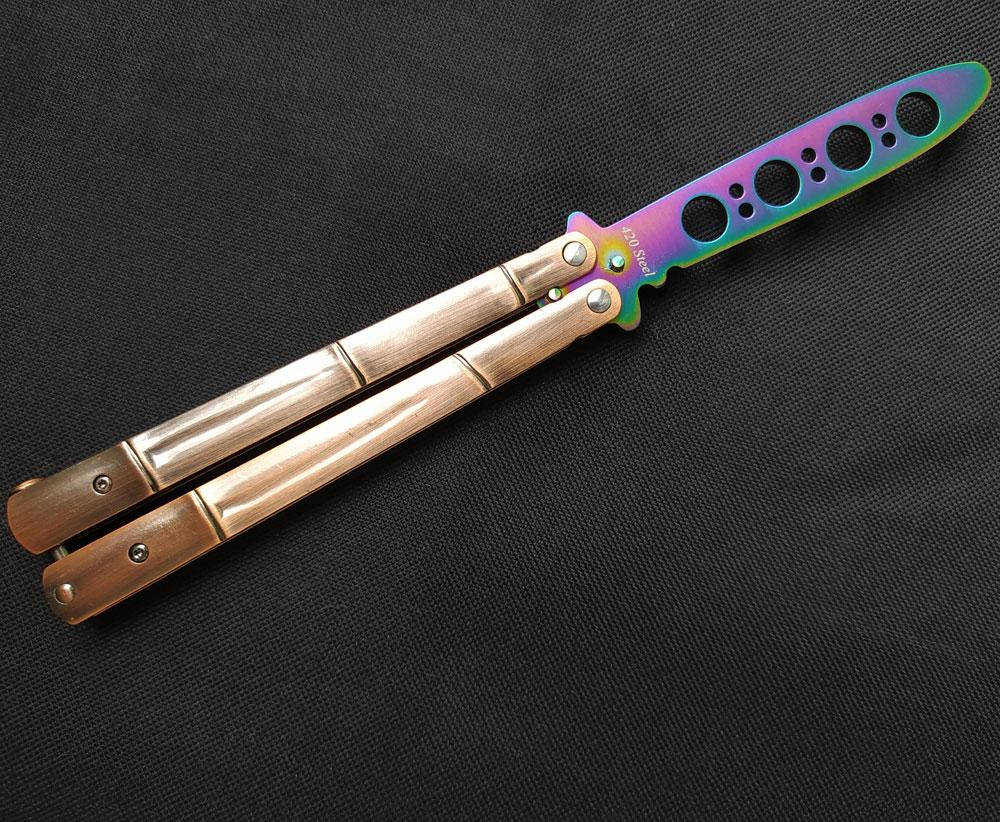 

Тренировочный, нож бабочка, не острый - тупой нож кс го, балисонг градиент для флипинга. радужный, Коричневый