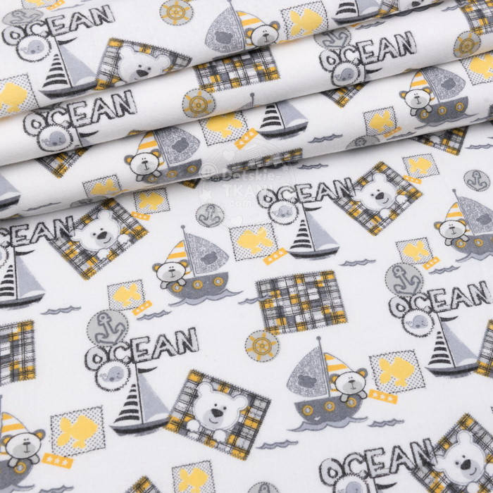 

Фланель детская "Мишка на корабле OCEAN", цвет серо-жёлтый на белом, ширина 240 см, Светло-серый