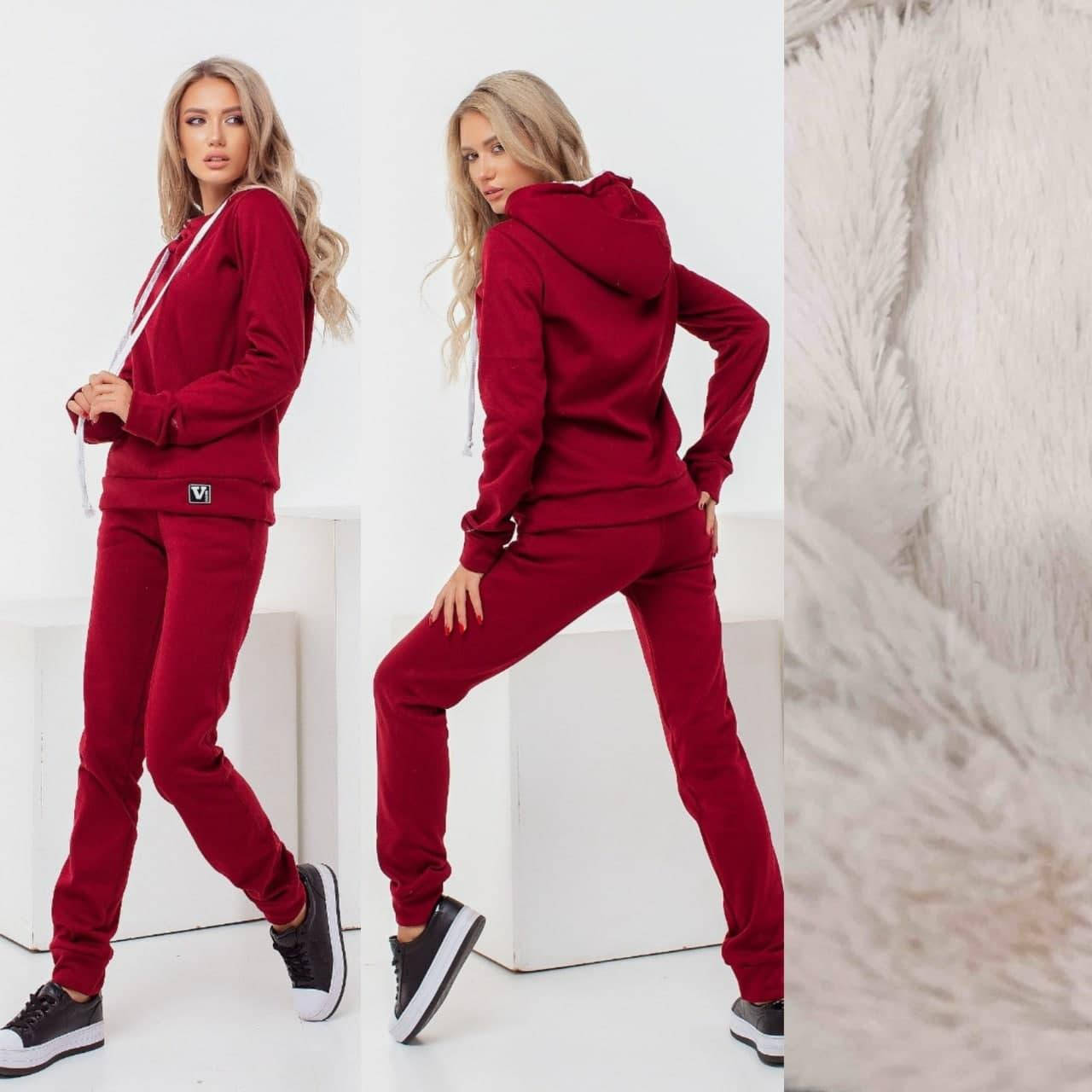 

Теплый женский костюм с капюшоном на флисе Бордовый, 48