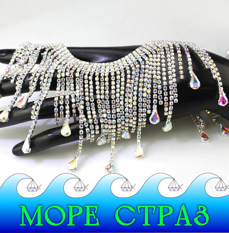 

Бахрома со стразами с капельками Clear AB в "серебряной" оправе (цена за 10см) Crystal AB высота 7,7см