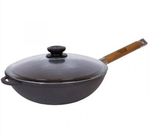 

Сковорода WOK БИОЛ чугунная со стеклянной крышкой и съемной ручкой 24 см Цвет черный 1524С