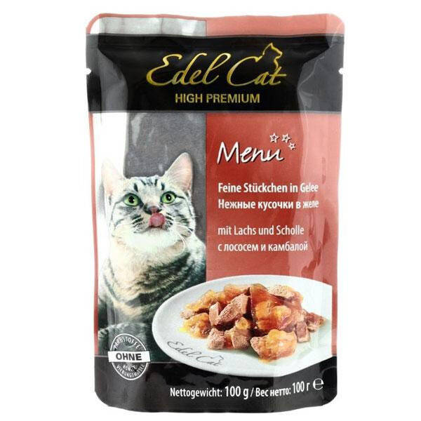 

Влажный корм для кошек Edel Cat Нежные кусочки в желе с лососем и камбалой 100 г