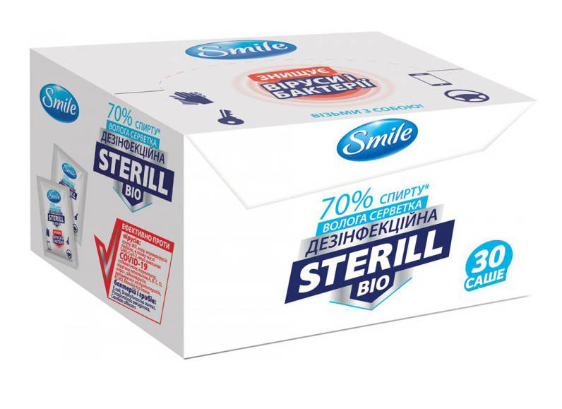 

Упаковка дезинфицирующих влажных салфеток Smile Sterill Bio 30 саше