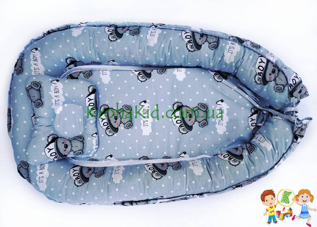 

Детский кокон / гнездышко / позиционер "Тедди серый" для новорожденных с ортопедической подушкой