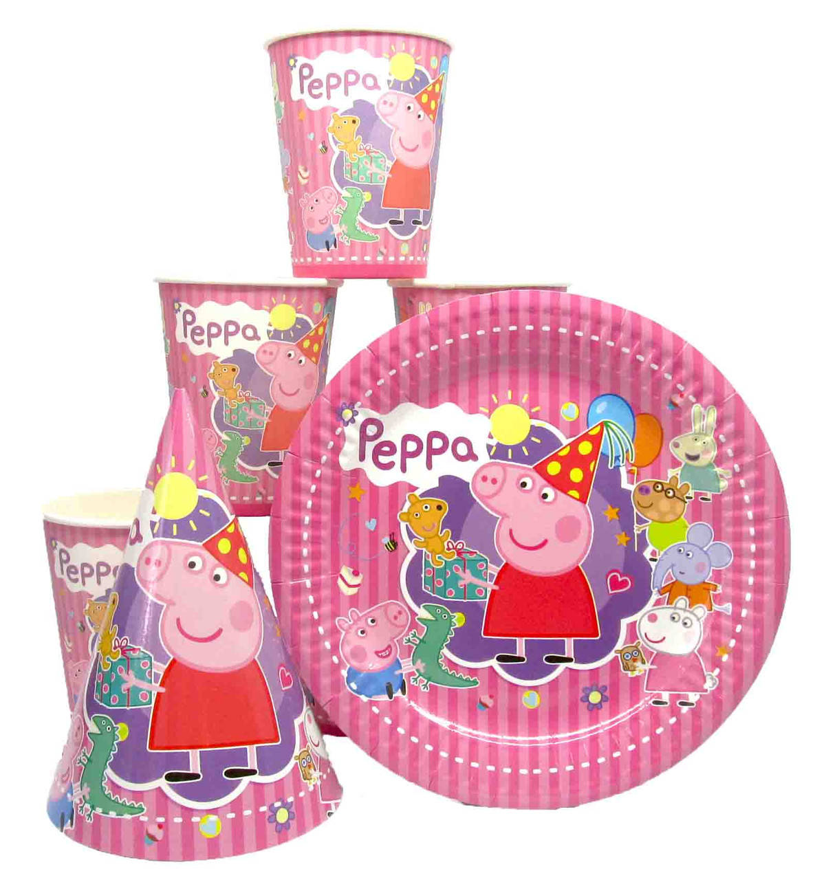 

Набор "Свинка Пеппа" полосатая: Тарелки-10шт, Стаканы-10шт, Колпачки-10шт.