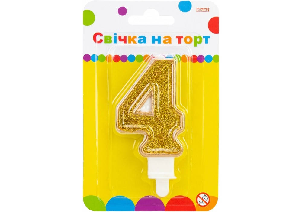 

Свічка в торт "Цифра-4" золотиста 7,62см з блискітками №MX622083-4/Maxi/(24)(288)