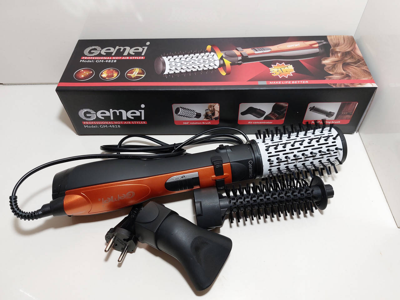 

Фен-браш 3-в-1 Gemei. Фен-щетка для сушки волос GM-4828 1000 Вт.