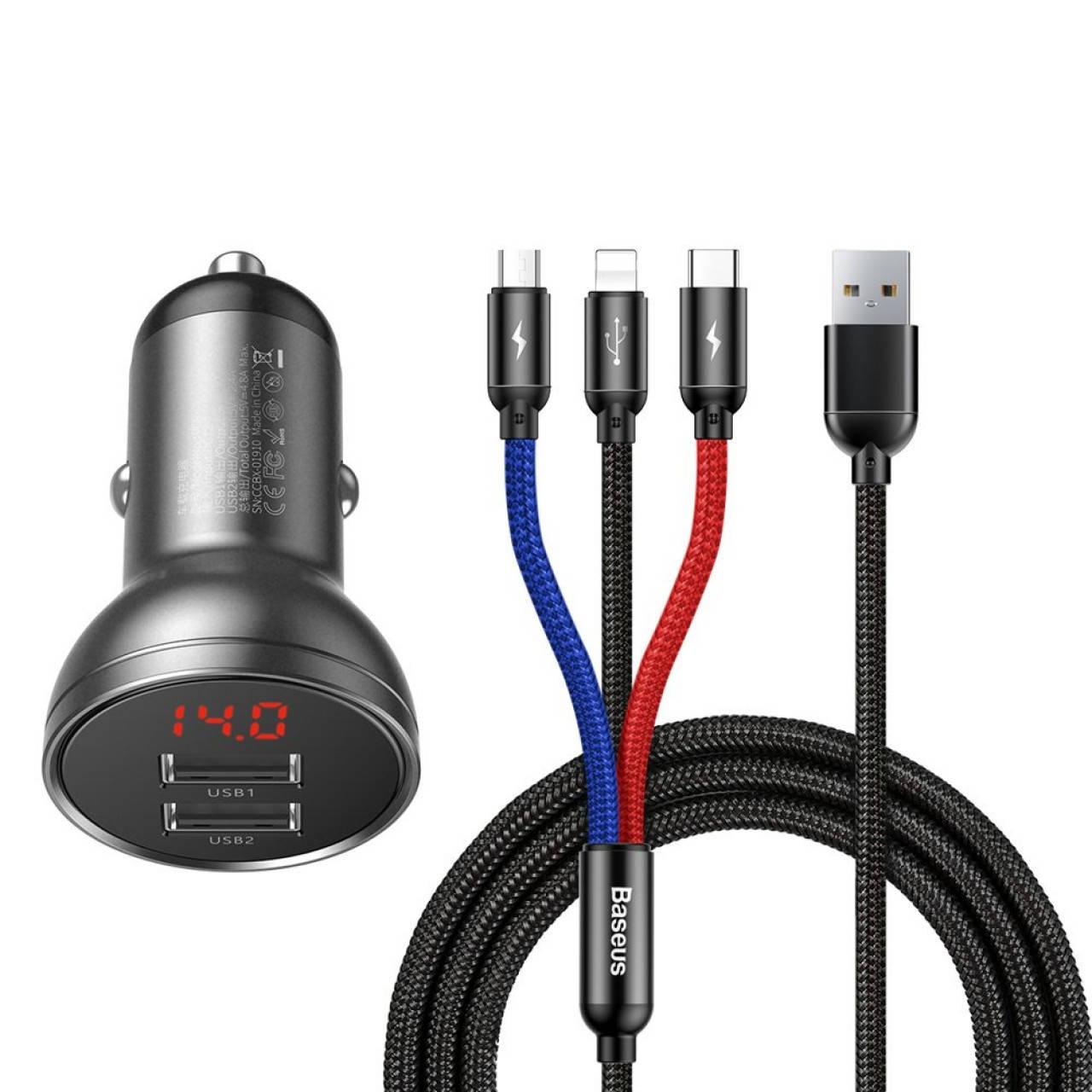 

АЗУ Baseus Digital Display Dual USB 4.8A Car Charger 24W with Three Primary Colors 3-in-1 Cable USB